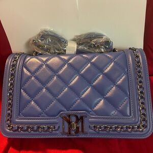 Badgley Mischka Elegant Blue Quilted  Gunmetal Grey Chain Bag NWT